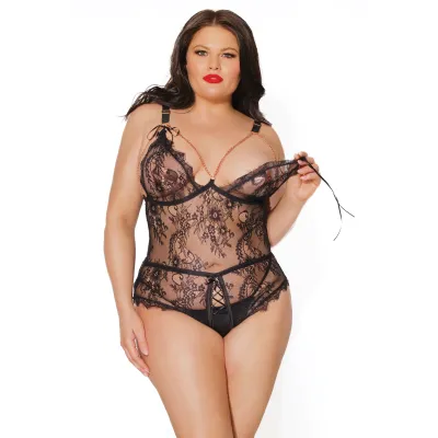 Plus Size Black Line All Access Eyelash Lace Rose Gold Teddy
