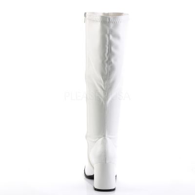 GOGO 300WC 3 Block Heel Wide Calf White PU Plus Size ST Boot Side Zip