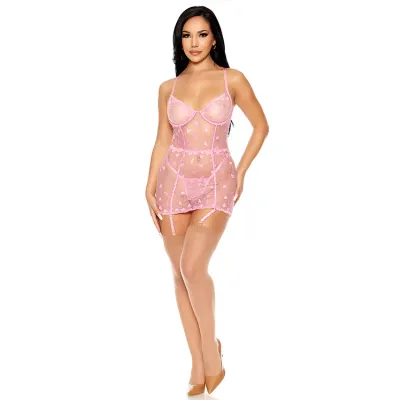 Forplay Heartbeat Harmony 2 Piece Pink Embroidered Chemise Set with Matching Panty