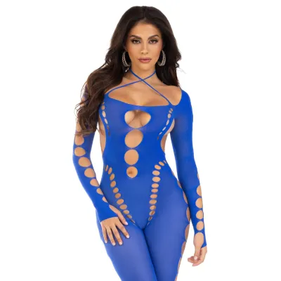 Opaque Cut Out Footless Bodystocking One Size Royal Blue