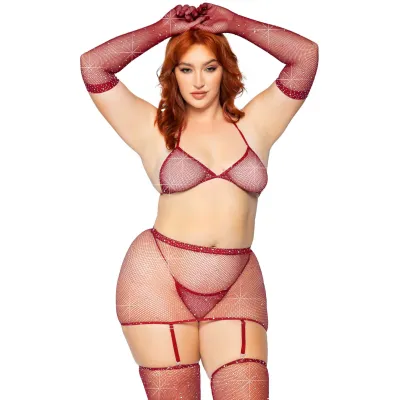 5 Pc Rhinestone Bikini Top G String Garter Skirt Gloves and Stockings One Size Burgundy