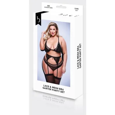 Baci 3pc Lace Mesh Bra Garter Panty Set blk Q Bx