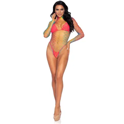 High Neck Fence Net Long Sleeve Bodysuit With Snap Crotch Thong Panty One Size Rainbow