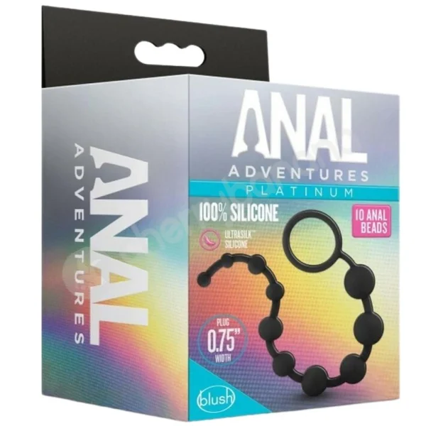 Anal Adventures Platinum 10 Silicone Black Anal Beads With Pull Ring