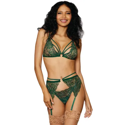 Dreamgirl Green Metallic Lace Bralette and Suspender Set