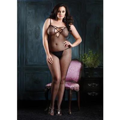V Back F N Bodystocking with Lace O S Black