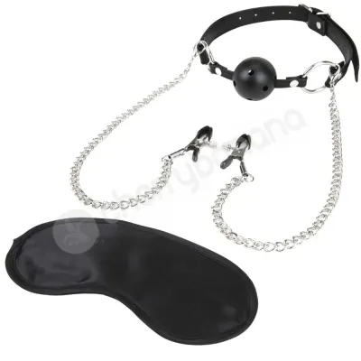 Lux Fetish Breathable Ball Gag With Nipple Clamps Chain With Free Blindfold