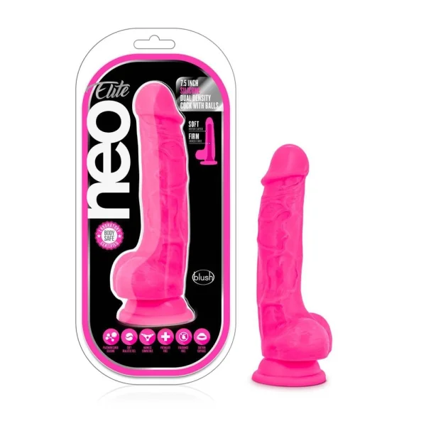 Neo Elite - 7.5 Inch Silicone Dual Density Cock With Balls - Neon Pink