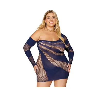 Women s Lingerie Dreamgirl Stripey One shoulder Fishnet Chemise Nocturnal Queen Size
