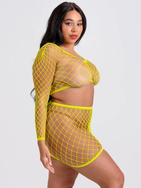 Lovehoney Plus Size Viva Neon Yellow Fishnet Top and Skirt Set