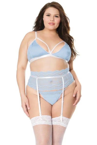 Blue & White Rhinestone Bralette, Garter & G-String