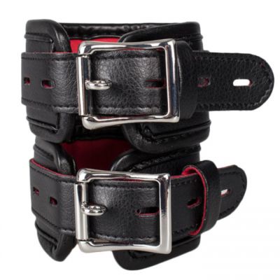 Bondara Black Faux Leather Red Suede Padlocked Wrist Cuffs