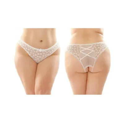 Daisy Crotchless Lace And Mesh Panty With Criss cross Panel Back 6 pack Q s White