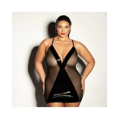 Women s Lingerie Oh L L Chri Finesse Soft Cup Fitted Vinyl And Mesh Babydoll With Matching G string 1xl 2xl