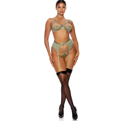 Forplay Star Crossed 3 Piece Sage Green Mesh Bra Set with Garter Belt Panty