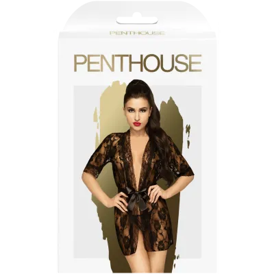 Penthouse Sweet Retreat Black Lace Kimono with Tie Belt