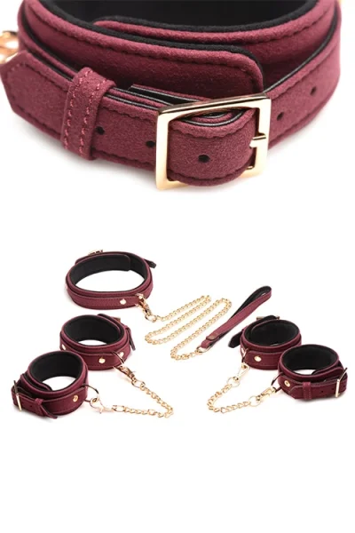 Master Series 6 Piece Velvet Touch Suede Bondage Set with Cuffs, Collar, & Leash