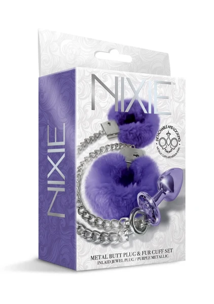 Nixie Metal Butt Plug and Furry Handcuff Set Blue