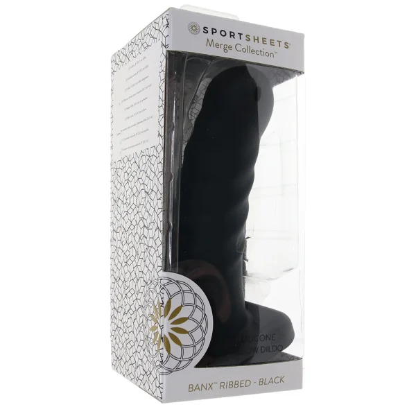 Merge Collection Banx 8" Silicone Ribbed Hollow Dildo By Sportsheets - Black