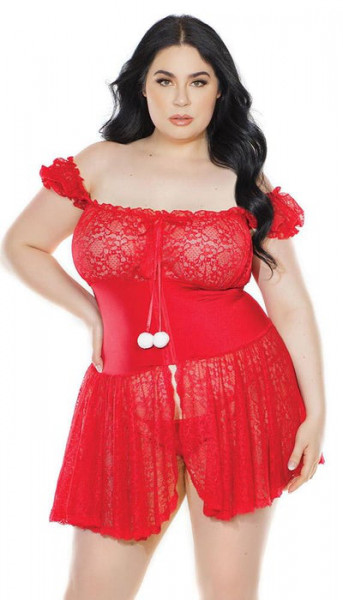 Naughty Red Lace Off The Shoulder Babydoll & G-String Set