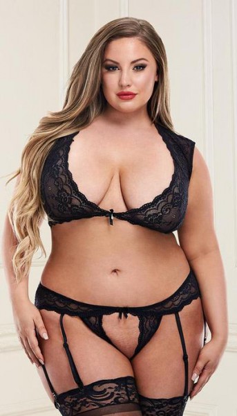 Sultry Lace Bralette & Open-Crotch G-String with Garter Straps