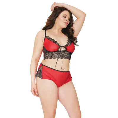 Plus Size Red Mesh Black Lace Bralette Wide Leg Booty Shorts