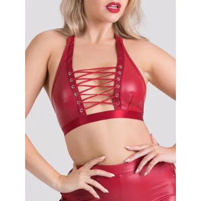 Lovehoney Leather Look Lace Up Red Halterneck Bra