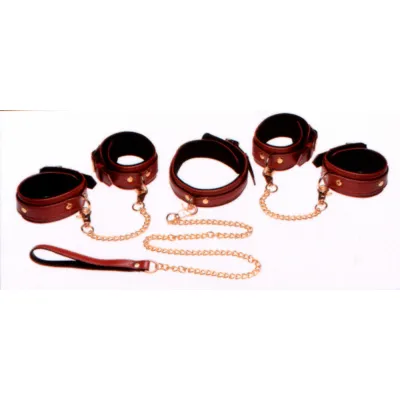 6 Piece Burgundy Bondage Set Burgundy Cuffs Collar and Leash
