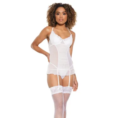 Women s Lingerie Coquette Mesh Gathered front Chemise With Ruffle Detail White Xl