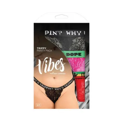 Fantasy Lingerie Vibes Trippy Vibes Pack 3 piece Lace Thong Panty Set Black red pink Queen Size