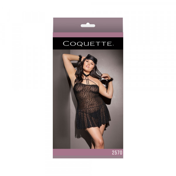 Kitty Leopard Mesh Halter Babydoll W/ Cuffs & Eye Mask Xl