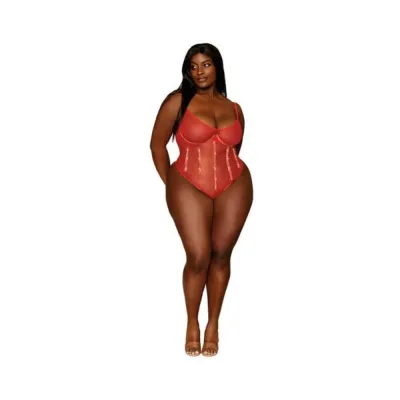 Women s Lingerie Dreamgirl Gold foiled Stretch Mesh Teddy With Rhinestone Detailing And Heat sealed Edges Ruby 2xl