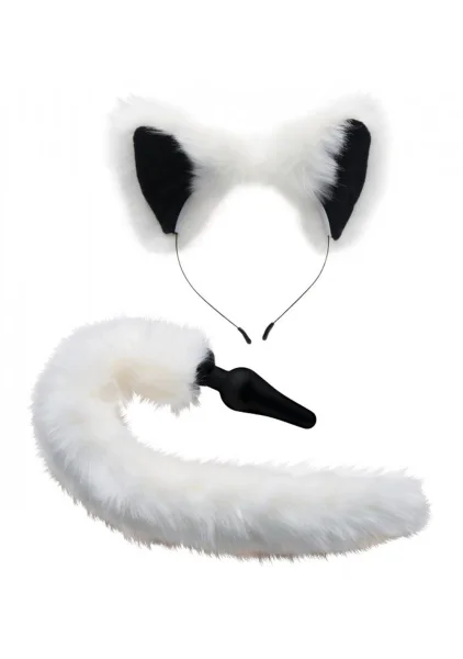 Tailz Black Silicone Anal Plug With White Fox Faux Fur Tail & Matching Ears