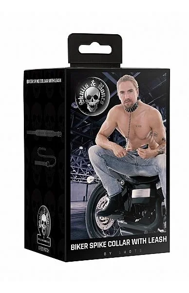 Ouch! Skulls & Bones Biker Spike Collar with Leash Black