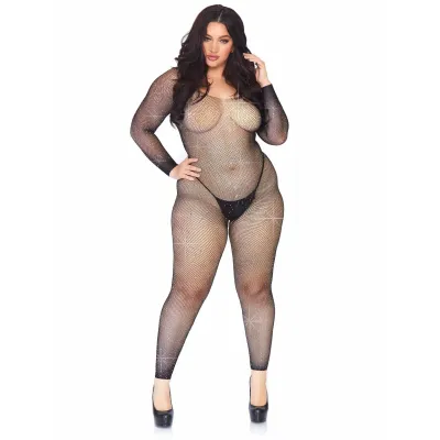 Crystalized Seamless Fishnet Long Sleeved Bodystocking 1x 2x Black