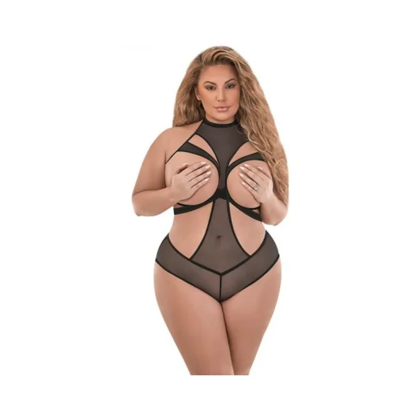 Magic Silk Forever Mesh Cupless & Crotchless Halter Teddy With Split -ack Black Queen