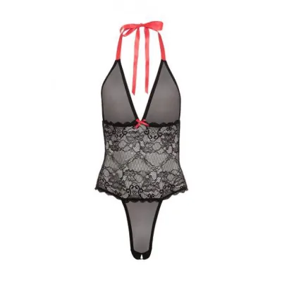 V Plunge Lace Mesh Teddy Black OS
