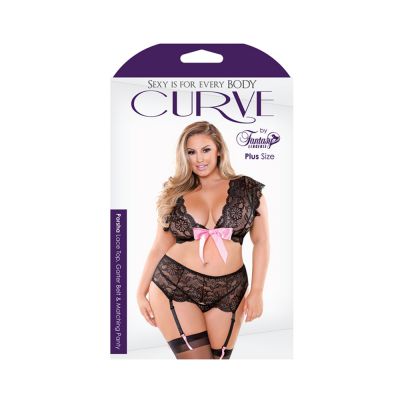 Porsha Ribbon Front Lace Top Garter Belt Panty Black pink 1x 2x