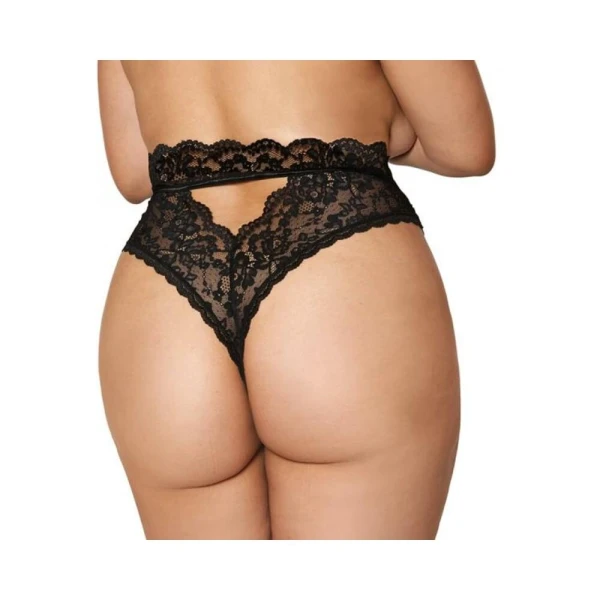 : Dreamgirl High-waist Scallop Lace Panty With Keyhole Back Black 3xl