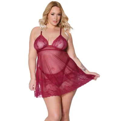 Plus Size Merlot Lace Roses Babydoll Thong