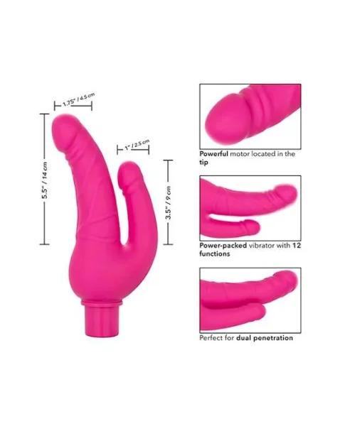 Rechargeable Power Stud Over & Under Double Dildo Vibrator - Pink - 4.5 Inch