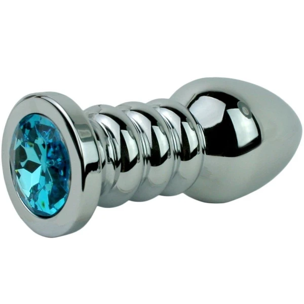 Blue Jewel Rippled Metal Booty Plug