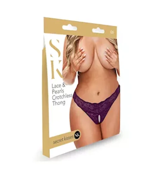 Secret Kisses Lace And Pearls Crotchless Thong - Purple - Os/xl — image 3 of 3