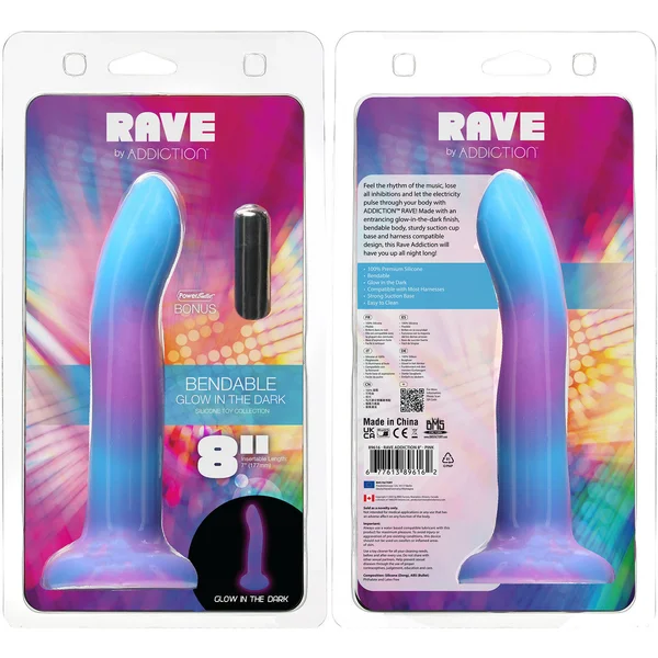 Rave By Addiction Silicone 8" Glow In The Dark Bendable Suction Cup Dildo - Blue & Purple — image 16 of 16