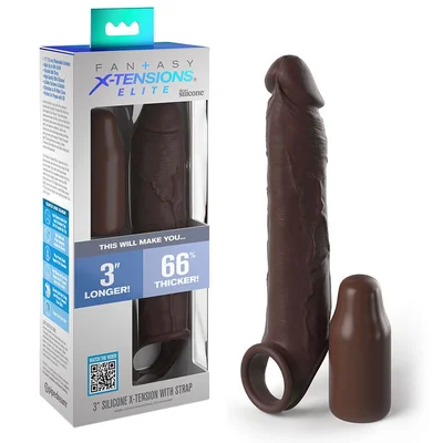9 Inch Realistic X Tension Silicone Penis Sleeve Ball Strap Brown