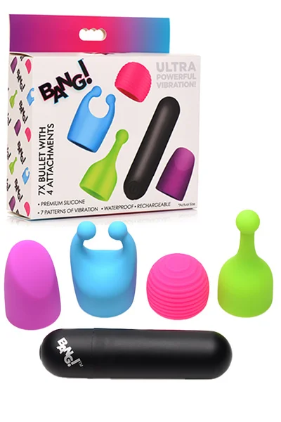 Bang 3" Rechargeable Bullet Vibe with 4 Glow-In-The-Dark Attachments