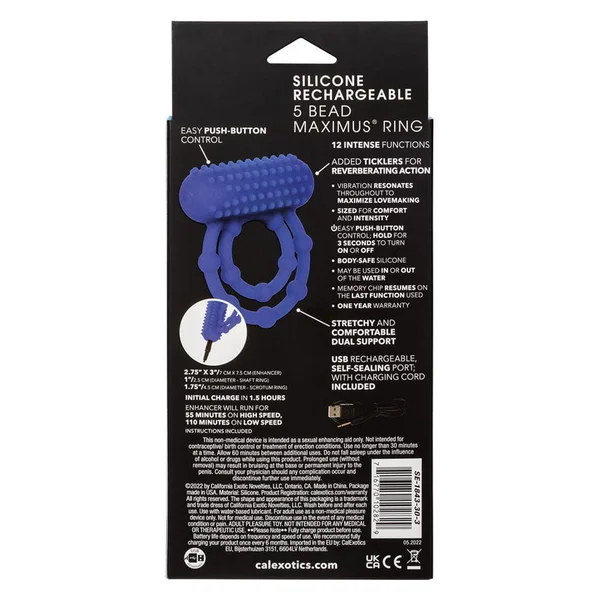 Silicone Rechargeable 10 Bead Maximus Double Cock Ring Blue — image 8 of 8