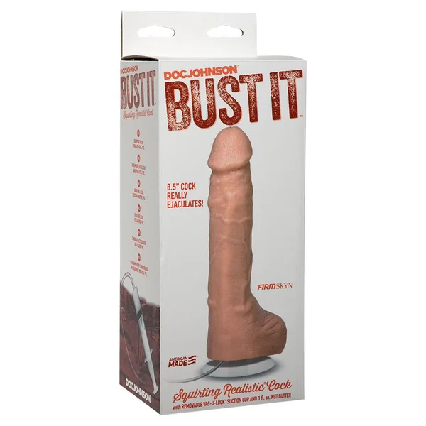 Bust It 8.5 Inch Realistic Squirting Dildo with Balls (White/Black) — image 5 of 7
