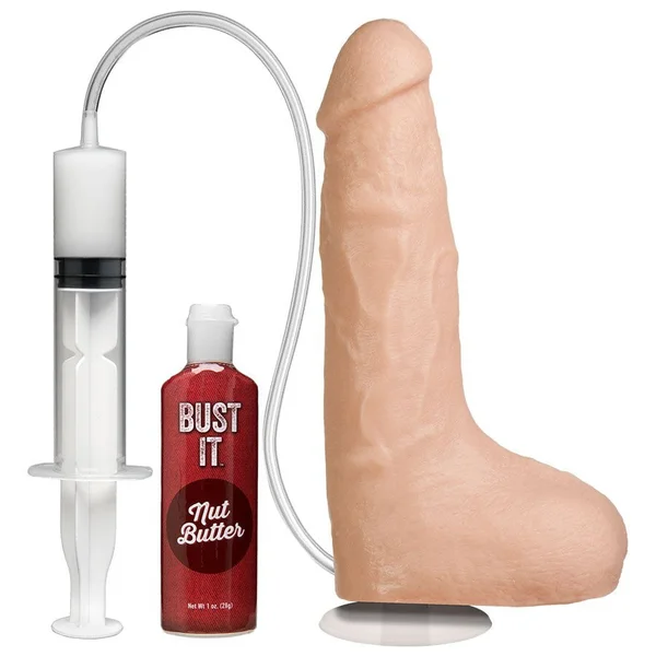 Bust It 8.5 Inch Realistic Squirting Dildo with Balls (White/Black) — image 2 of 7