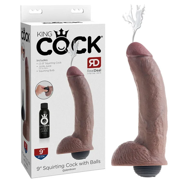 King Cock 9 Inch Squirting Realistic Dildo with Balls (Tan/White) — image 2 of 10